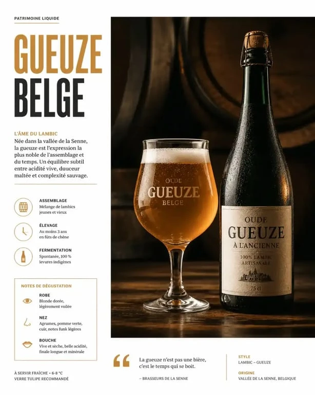 Verre tulipe de gueuze lambic et bouteille sur table en bois