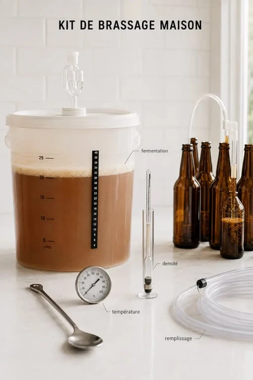 Kit brassage biere : illustration d’un équipement de brassage à domicile avec fermenteur, barboteur, densimètre et bouteilles