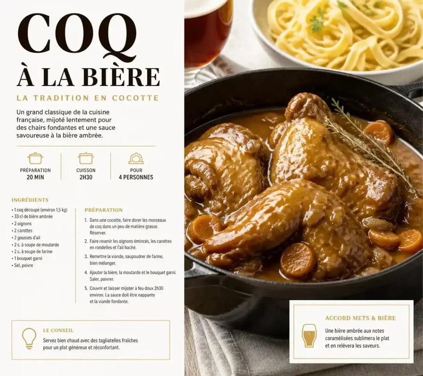 Recette de coq à la bière des Halles servi avec des tagliatelles