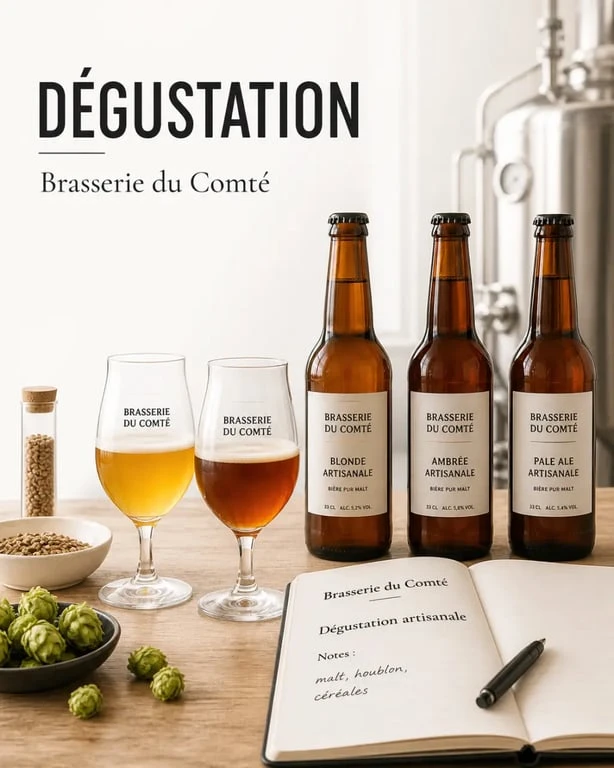 Dégustation de bières artisanales de la Brasserie du Comté sur une table de brasserie