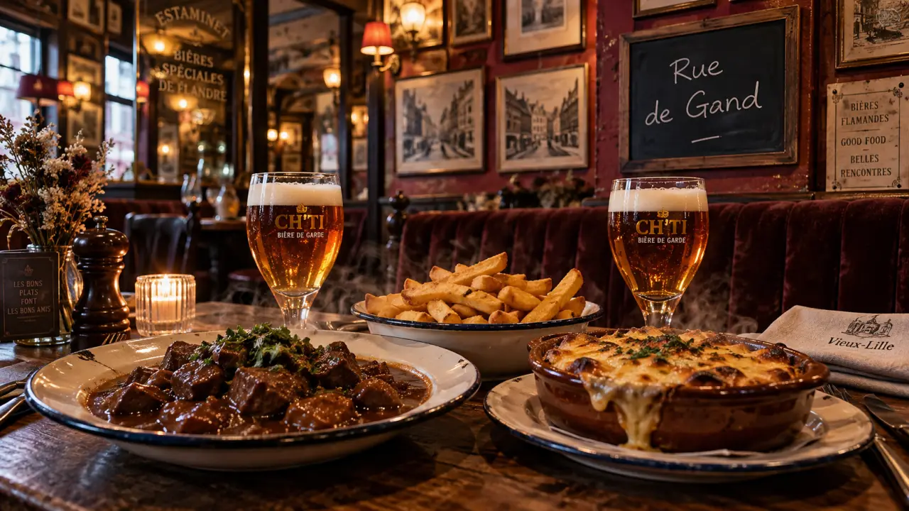 Estaminets rue de gand lille : table en bois et plats flamands fumants