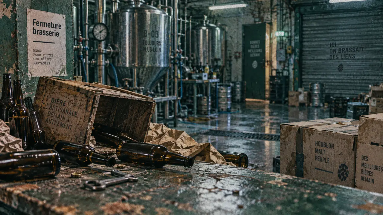 Fermeture brasserie artisanale : porte fermée, cuves inox et caisse vide