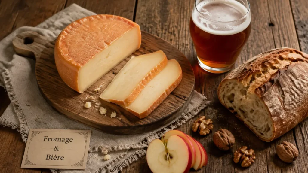 Fromage à la bière du nord à croûte lavée avec bière ambrée et pain, vue de dessus.