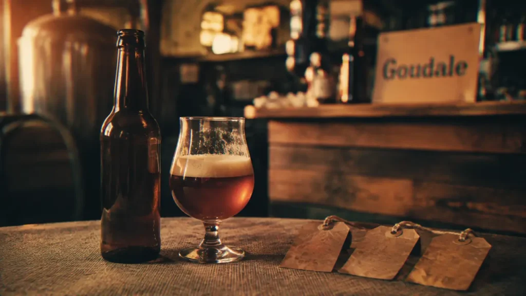 Bouteille de bière goudale du Nord et verre ambré, brasserie artisanale