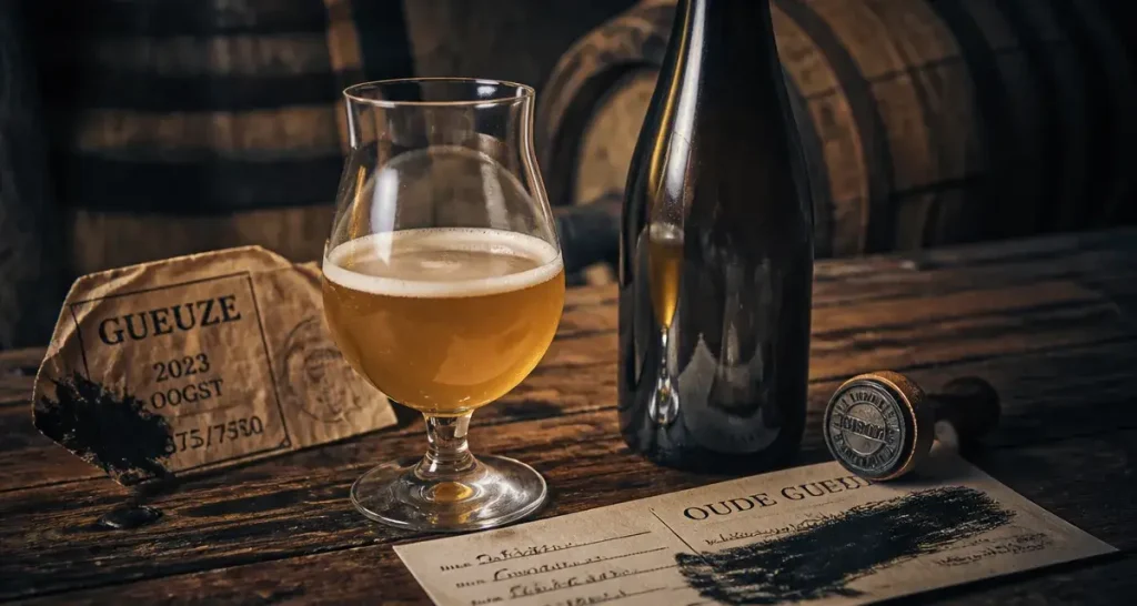 Gueuze lambic beer : verre de gueuze et bouteille en chêne