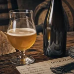 Gueuze lambic beer : verre de gueuze et bouteille en chêne