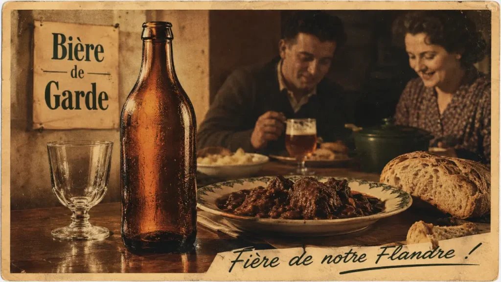 Jenlain biere de garde : bouteille ambrée et chope tulipe, accords nordistes