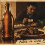 Jenlain biere de garde : bouteille ambrée et chope tulipe, accords nordistes