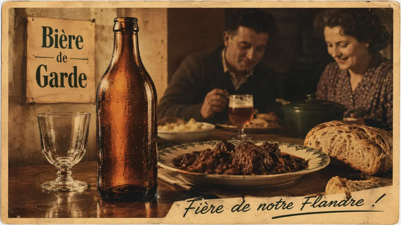 Jenlain biere de garde : bouteille ambrée et chope tulipe, accords nordistes