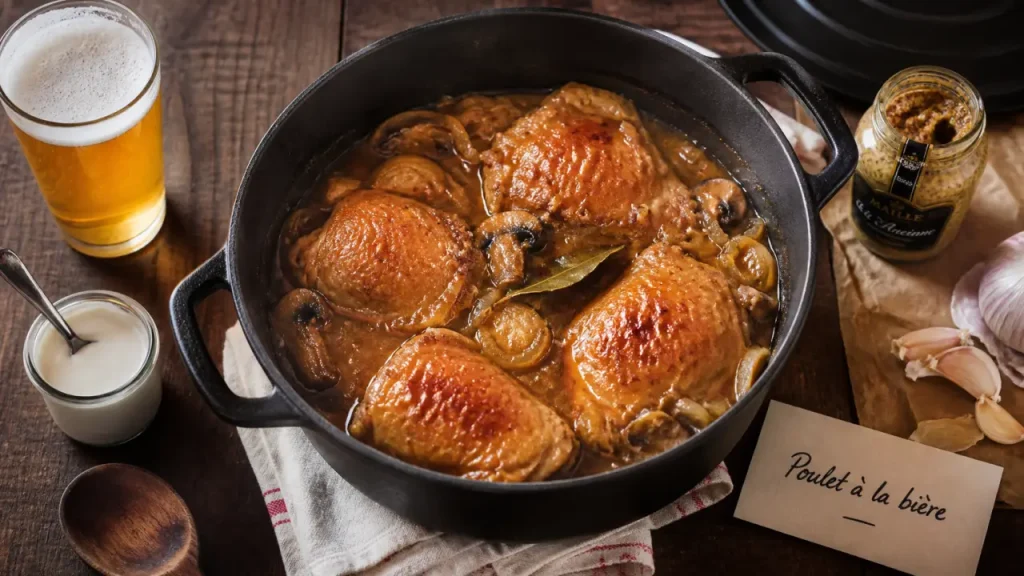 Poulet à la bière du nord : cocotte dorée nappée de sauce