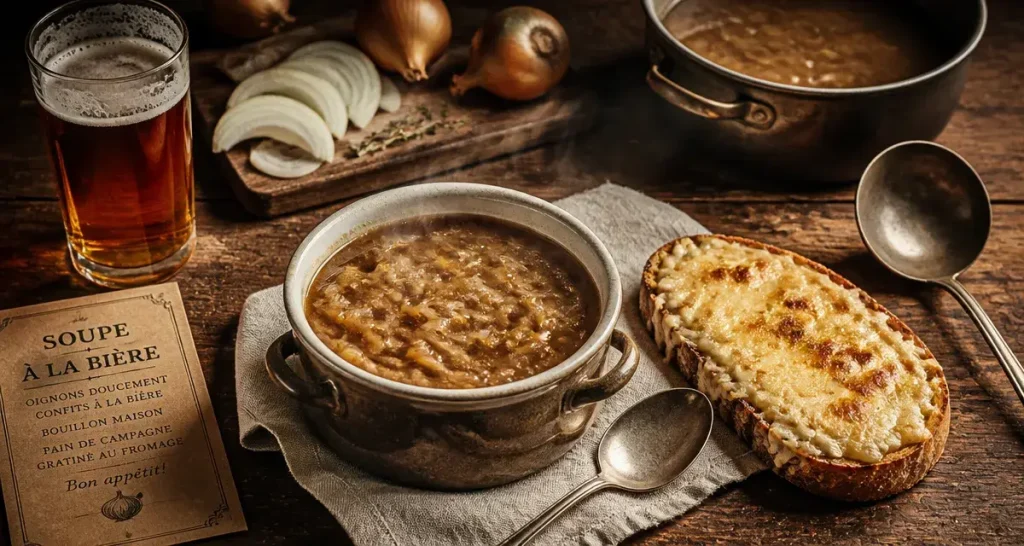 Soupe à la bière du nord, oignons et pain gratiné