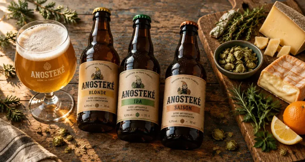 anosteke biere : blonde, IPA et saison, verre tulipe et planche de dégustation