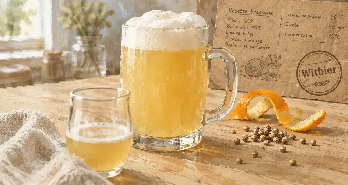 Bière blanche Witbier trouble, coriandre et orange sur fond brassage