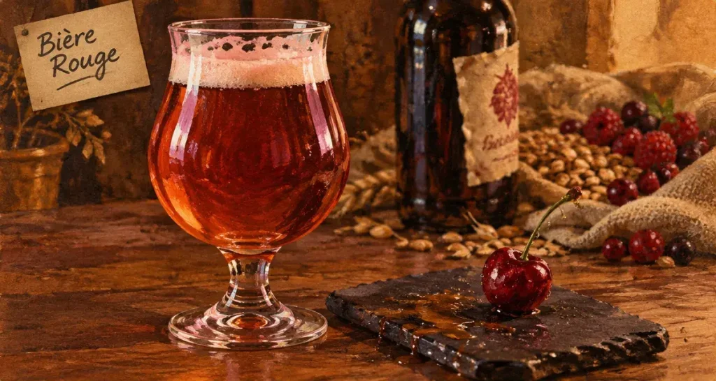 Biere rouge en verre tulipe, mousse et reflets