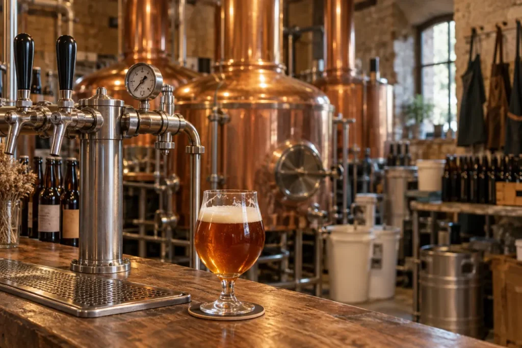 Brasserie des rieux à Vogüé : tireuse à bière sur comptoir