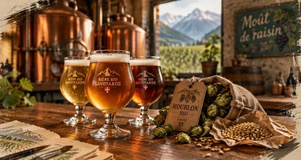 Brasserie Quardin : verres de bières bio à Chignin, houblon et moût de raisin