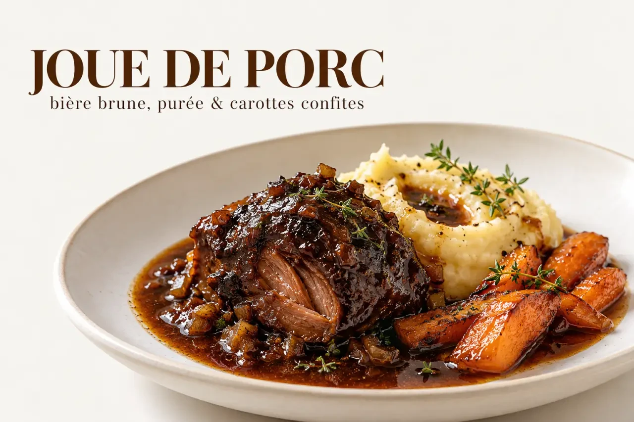 Joue de porc à la bière fondante avec sauce réduite, purée et carottes