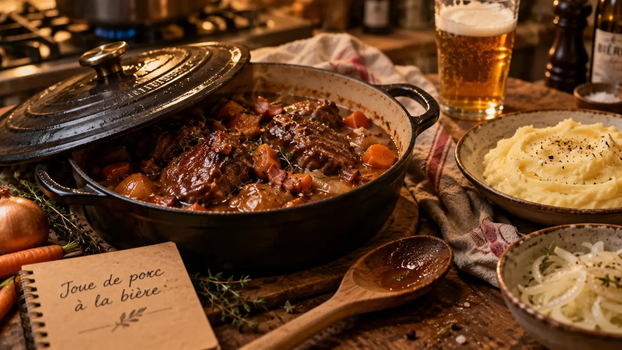 Joue de porc a la biere, viande fondante en cocotte et sauce à la bière