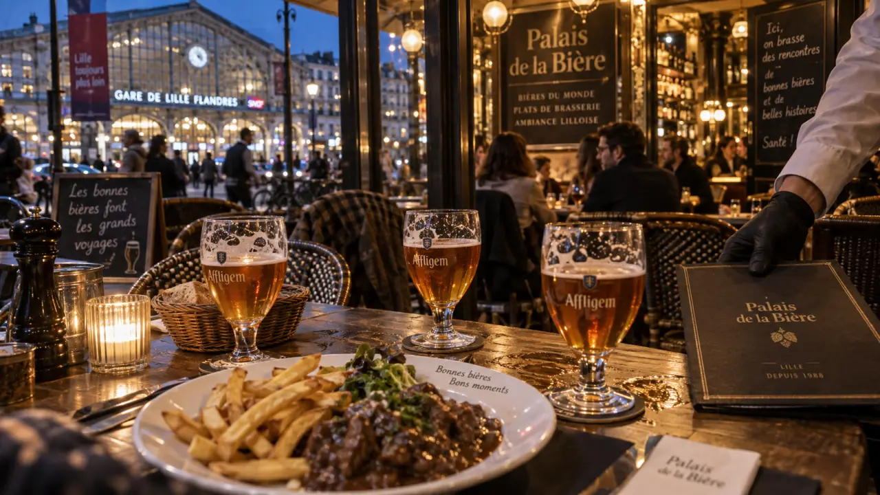 Le palais de la bière Lille : verres de bière sur terrasse près Lille-Flandres