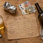 Prix moyen d'une bière artisanale : étiquette de prix sur table bois, bouteilles 33 cl et 75 cl